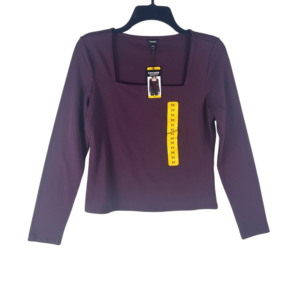 Express Womens Squareneck Long Sleeve Top Burgundy Wine Red Stretch Size M NEW‎